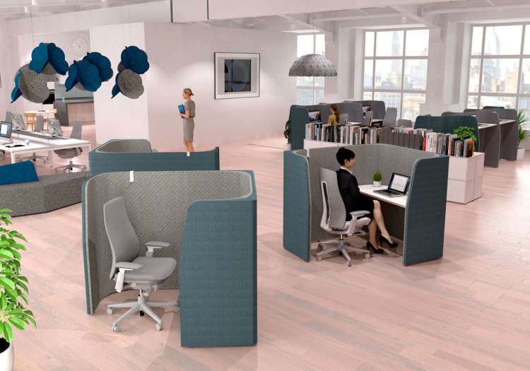 Modern workspace furniture including acoustic pods